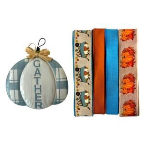 Gather Pumpkin Wreath Kit - DIY Autumn Craft Metal Pumpkin Sign Ribbon Bundle